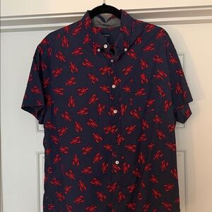 J. Crew Navy Short-Sleeve Button-Up Shirt with Red Lobster Print